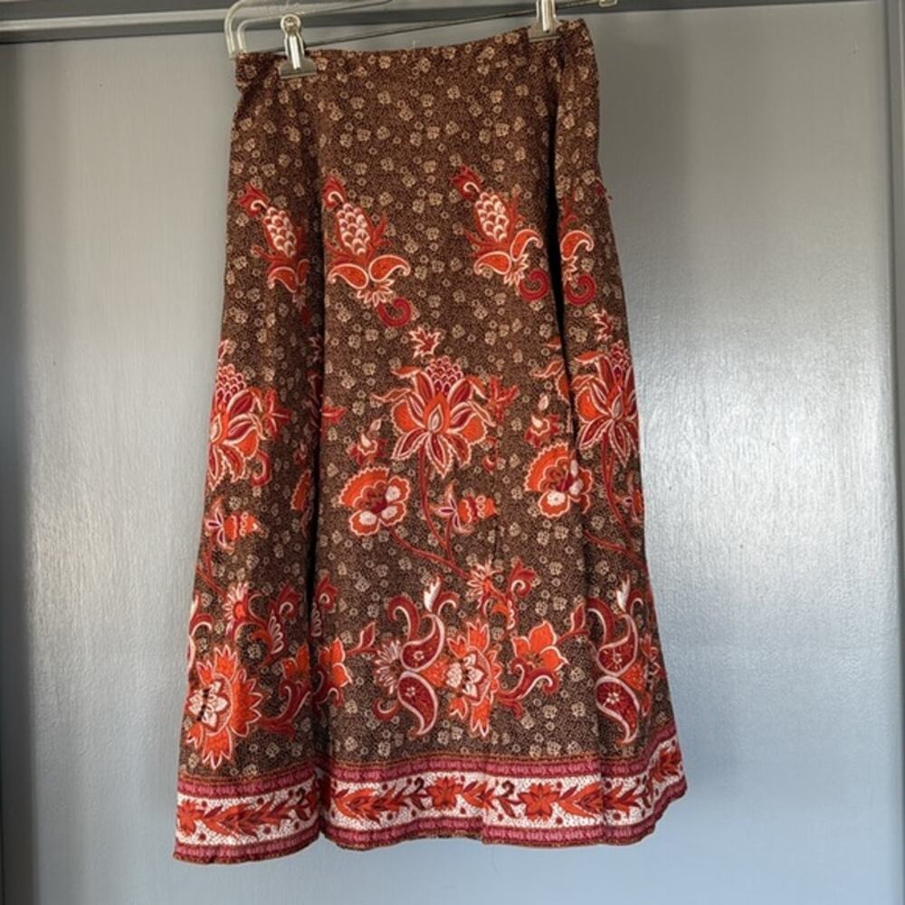 Edward 100% Cotton Beaded Brown Floral Paisley Skirt sz M Side Zip Lined